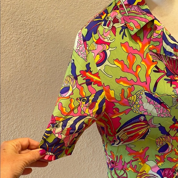 Green Pink Yellow Silk Button Down Shirt with Tropical Print Sz M - Picture 3 of 6